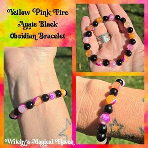 Yellow Pink Fire Agate Black Obsidian Gemstone Bracelet, 8mm